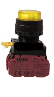 Nút nhấn Idec nhả lồi có đèn, Ø22, 220V AC/DC, , 1NC-1NO, nhấn nhả, màu vàng, YW1L-M2E11QM3Y